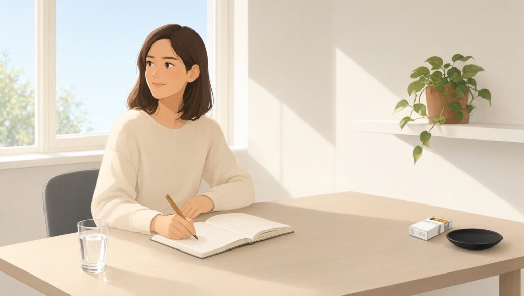 책상 앞에서 금연을 결심하는 인물 일러스트