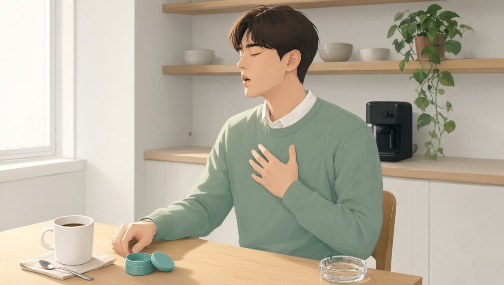 커피를 마신 뒤 흡연 욕구를 참으며 껌을 씹는 인물 일러스트