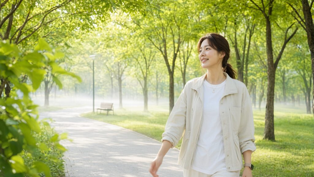 금연 후 아침 산책을 하며 상쾌함을 느끼는 인물 일러스트
