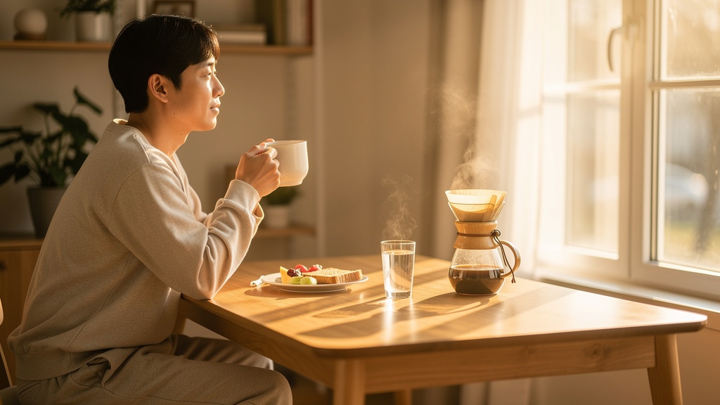 아침 햇살 속에서 커피를 즐기는 편안한 일상