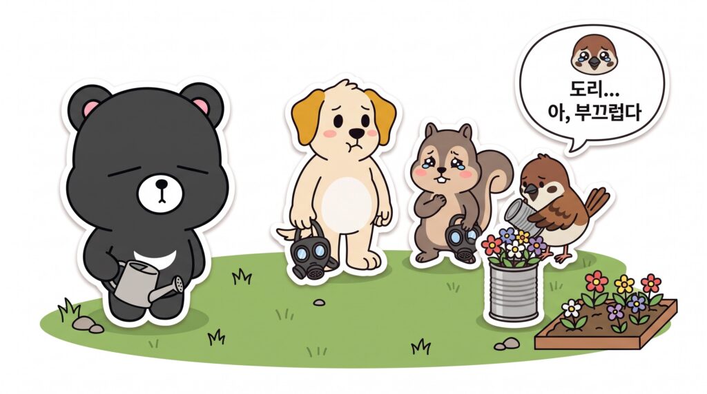 소문의 와전으로 벌어진 소동을 부끄러워하는 뭉치와 다람쥐, 참새