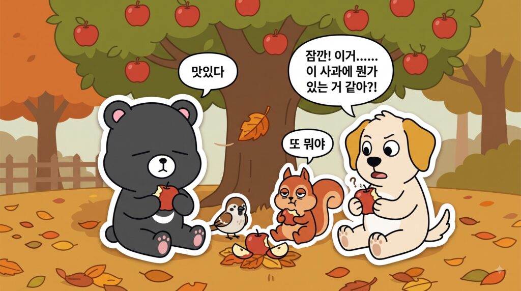 사과나무 밑에서 사과를 먹는 도리,뭉치, 다람쥐, 참새