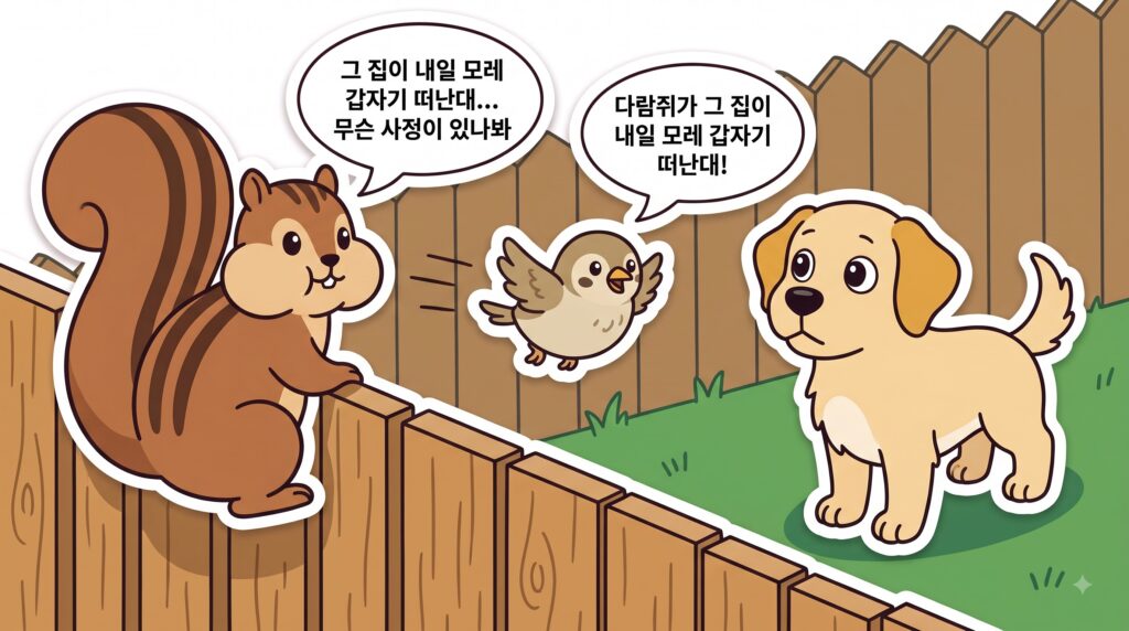 다람쥐가 참새에게, 참새가 뭉치에게 말을 전달하는 모습