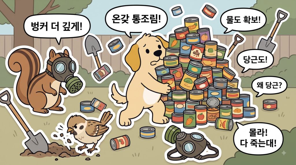 벙커를 만들기위해 땅을파고 비상식량으로 사용하기위해 통조림캔을 쌓아놓고 있는 뭉치와 다람쥐, 참새