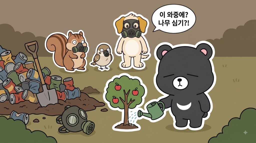 혼자 조용히 심은 나무에 물을 주는 도리
