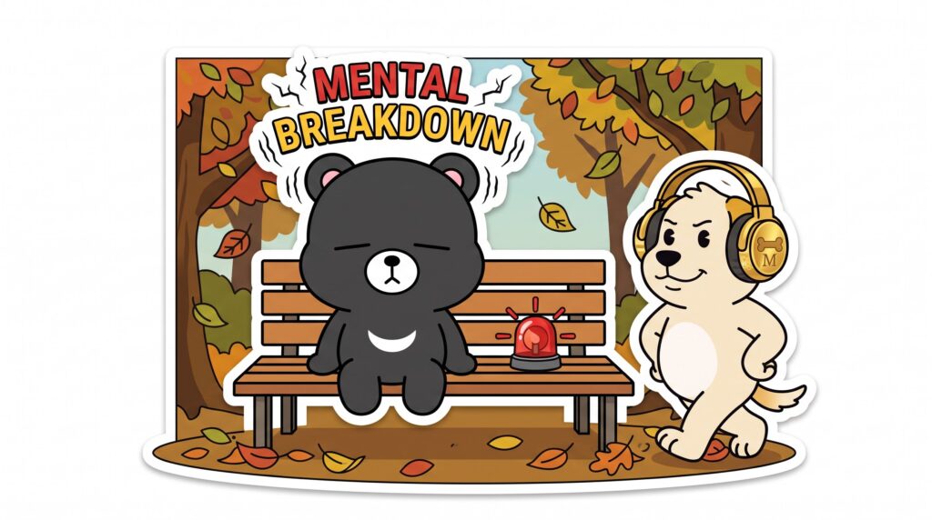 도리가 공원 벤치에서 세상 잃은 표정으로 앉아있고, 뭉치가 힙한 포즈로 다가온다.