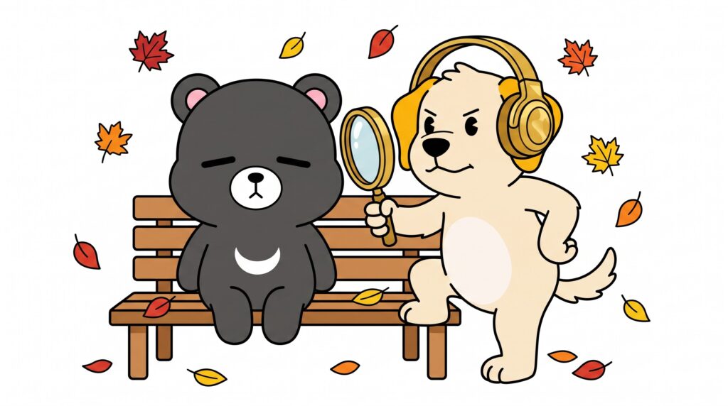 뭉치가 돋보기를 들고 도리의 귀를 바라본다