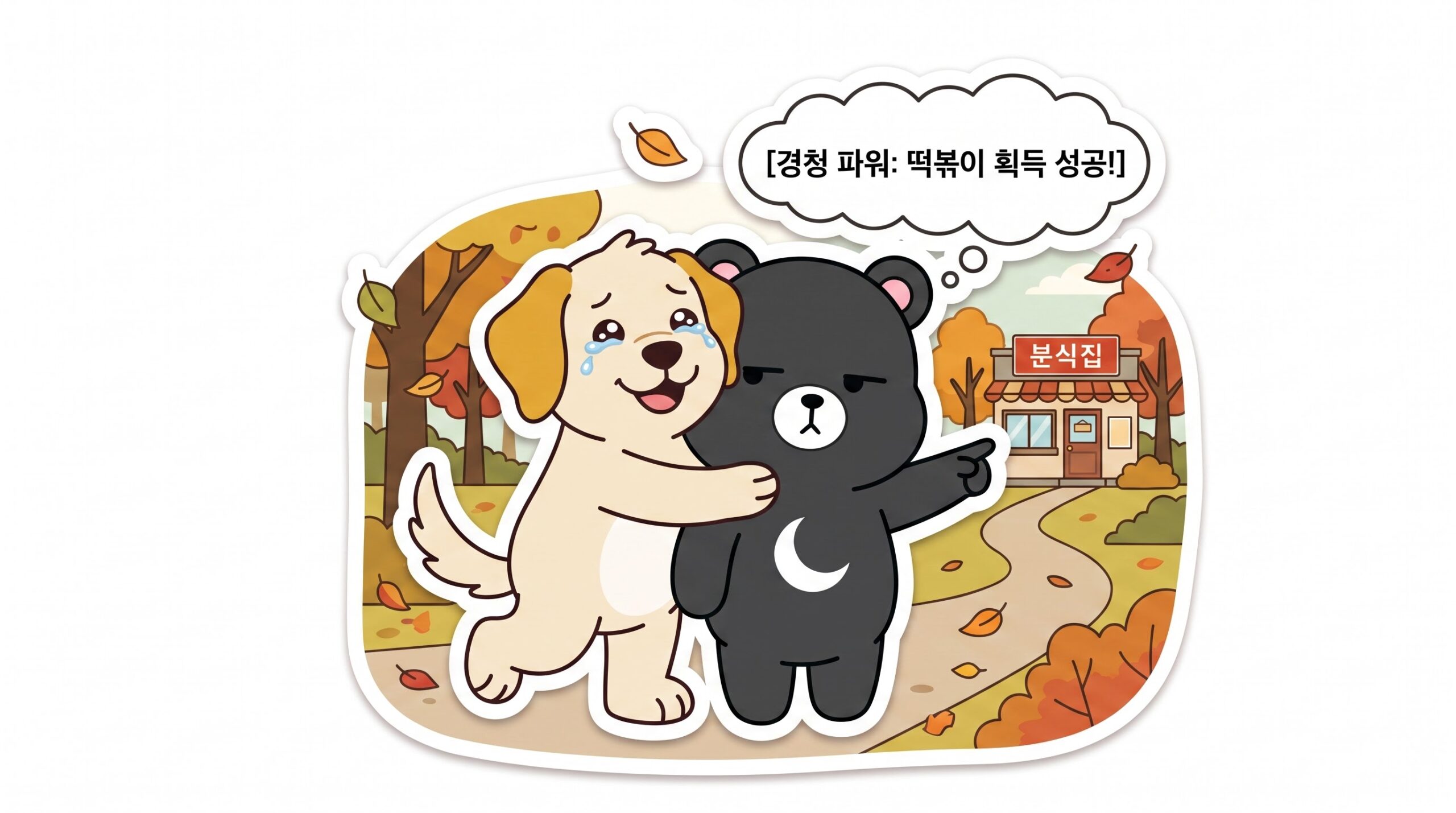 뭉치가 감격해서 도리를 끌어안고, 도리는 여전히 굳은 표정으로 떡볶이집을 가리킨다.